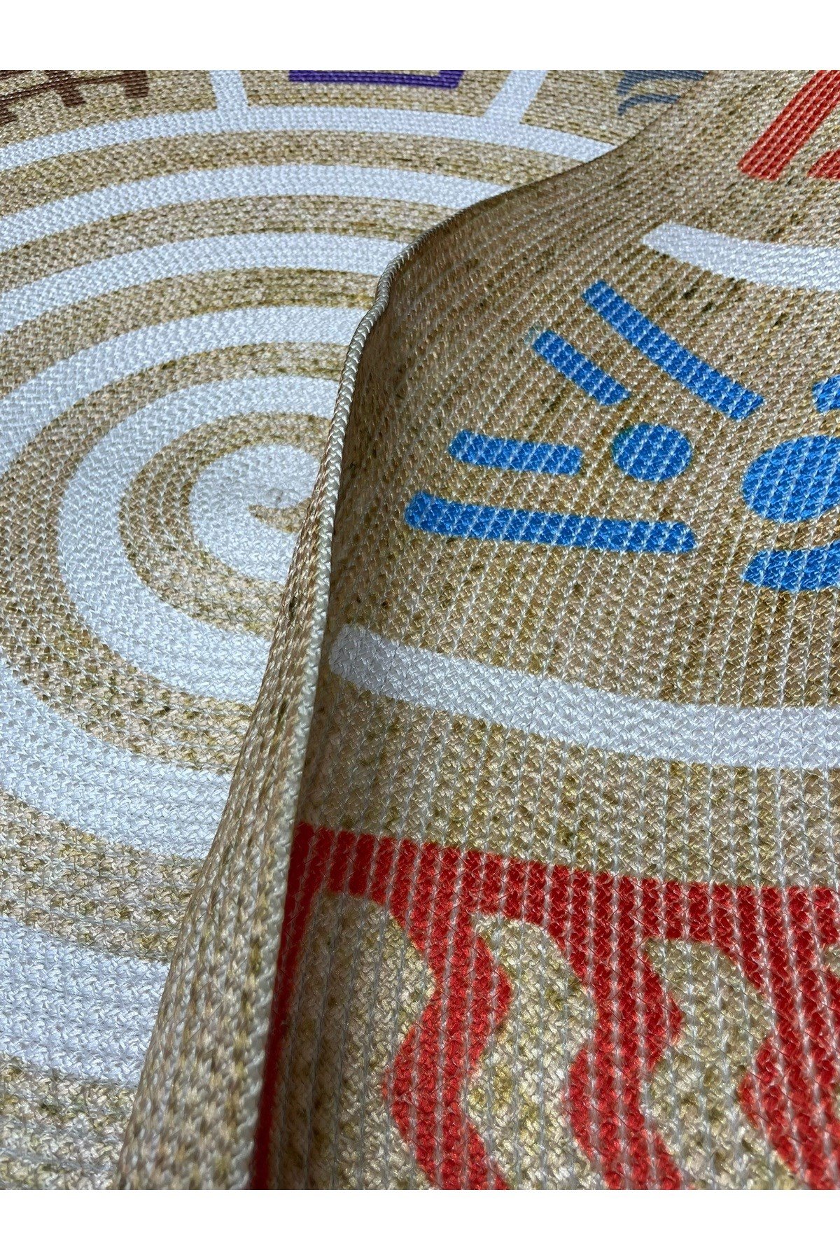 Boho 954 Multy Soyut Desenli Jüt Rengi Örgü Yuvarlak Natural Çift Taraflı Halı