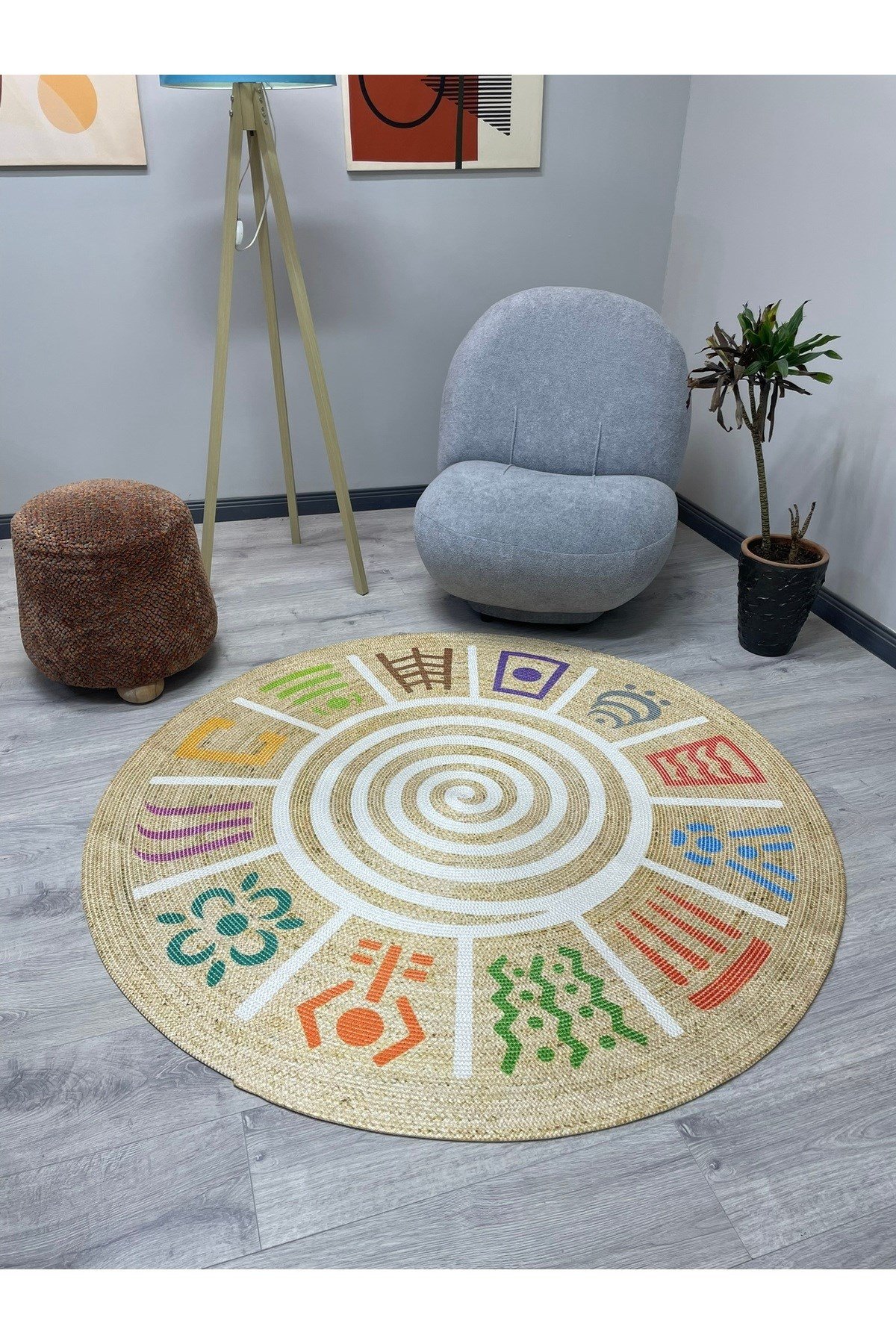 Boho 954 Multy Soyut Desenli Jüt Rengi Örgü Yuvarlak Natural Çift Taraflı Halı