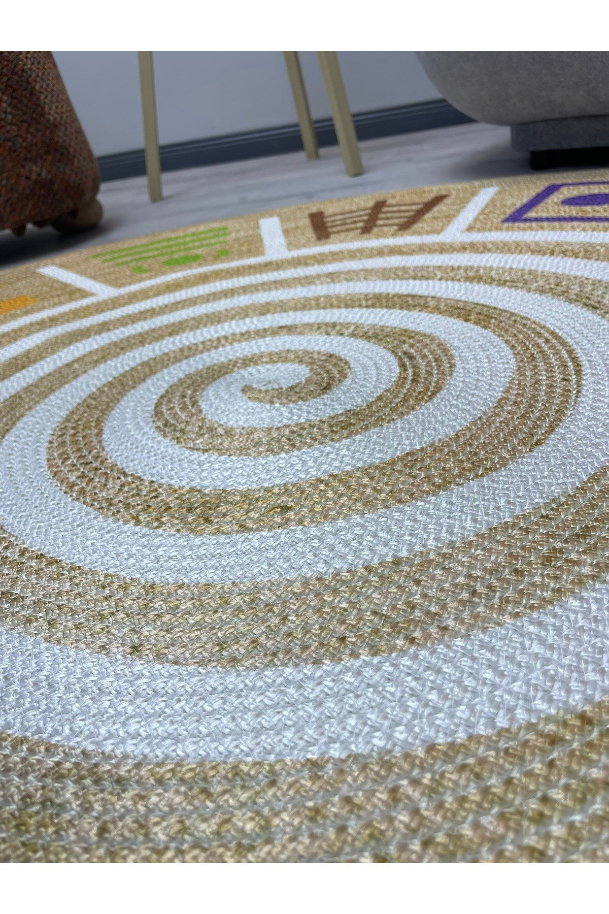 Boho 954 Multy Soyut Desenli Jüt Rengi Örgü Yuvarlak Natural Çift Taraflı Halı