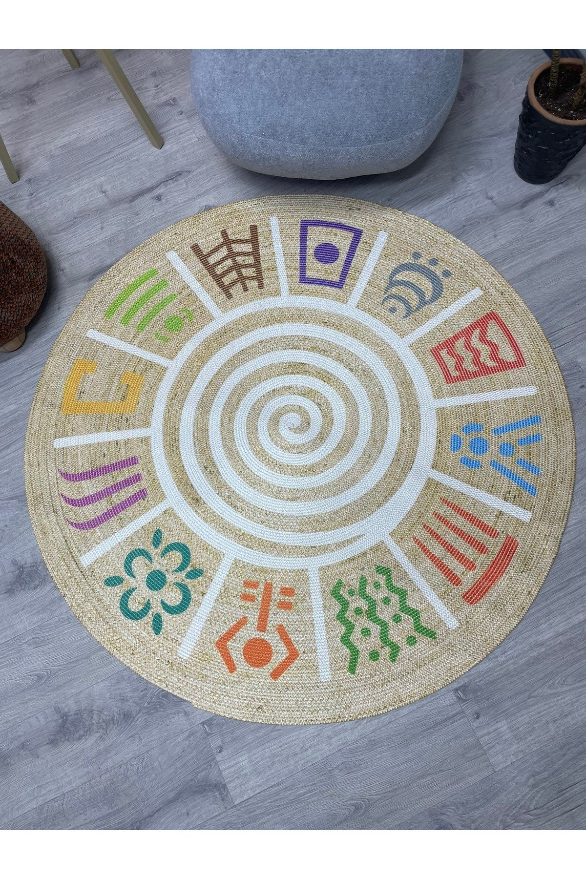 Boho 954 Multy Soyut Desenli Jüt Rengi Örgü Yuvarlak Natural Çift Taraflı Halı
