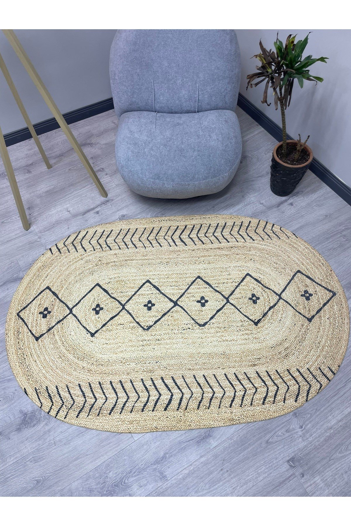 Boho 956 Oval Siyah Etnik Desenli Jüt Rengi Örgü Yuvarlak Natural Çift Taraflı Halı