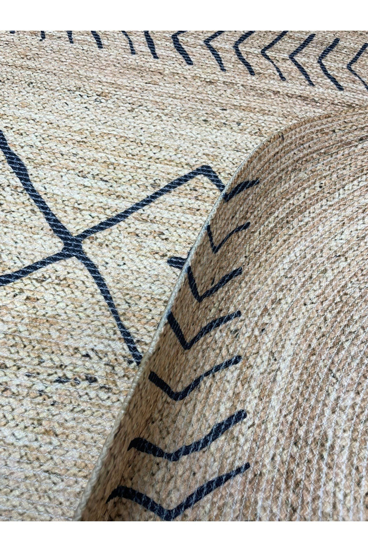 Boho 956 Oval Siyah Etnik Desenli Jüt Rengi Örgü Yuvarlak Natural Çift Taraflı Halı