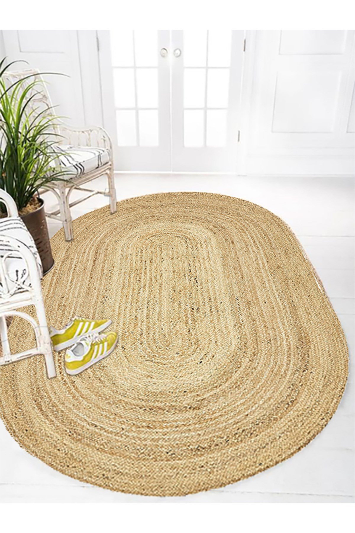 Boho 974 Oval Doğal Jüt Rengi Örgü Yuvarlak Natural Çift Taraflı Halı