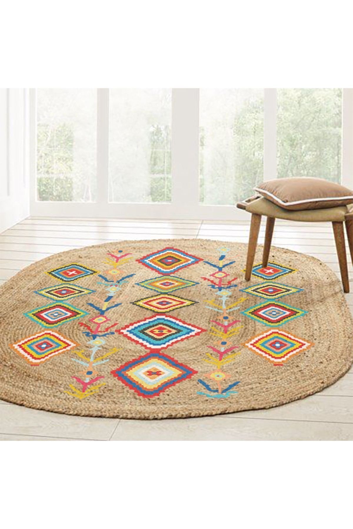 Boho 976 Jüt Hasır Etnik Desenli Oval Jüt Örme Doğal Hasır Natural Oval Halı