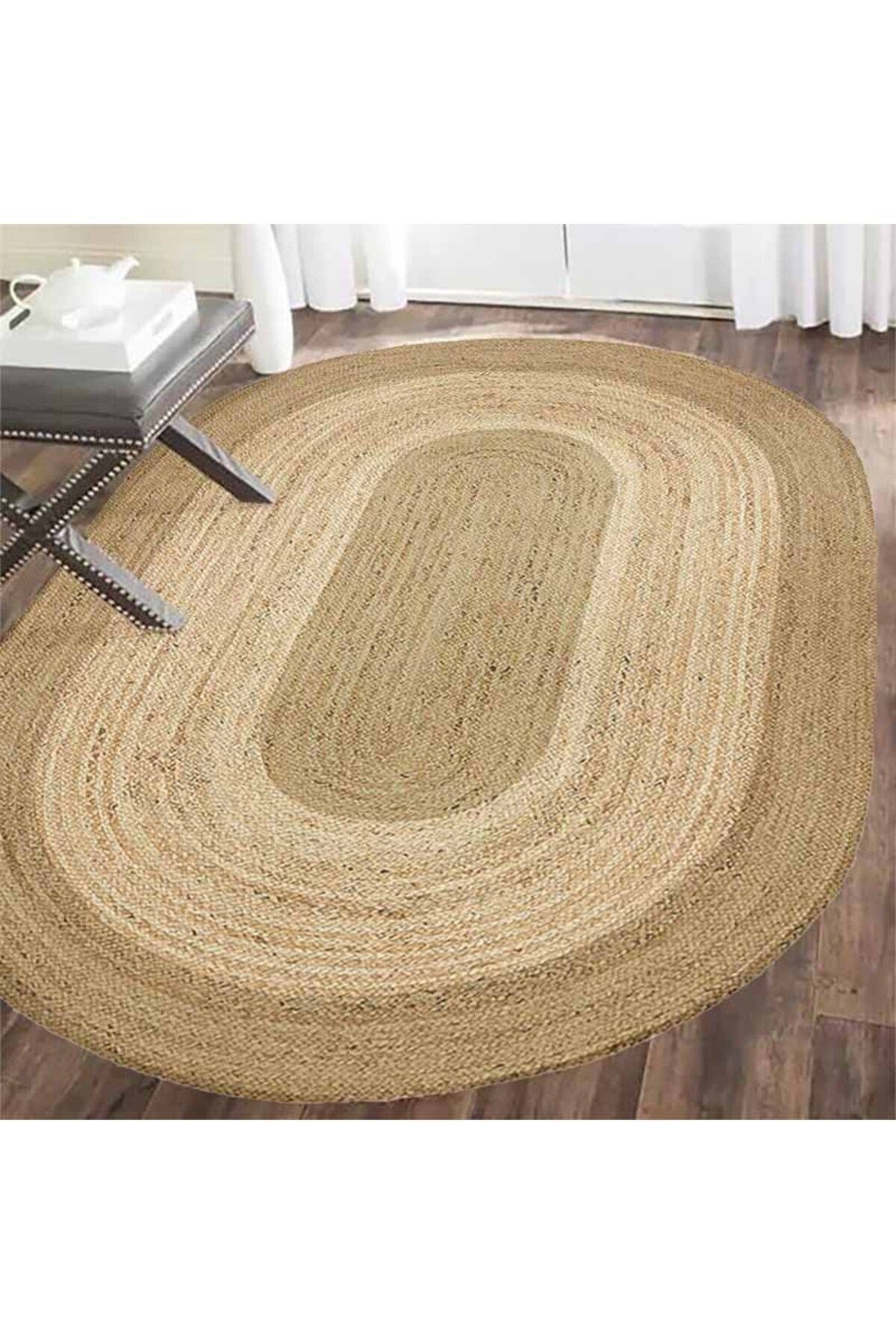Boho 977 Jüt Hasır Etnik Desenli Oval Jüt Örme Doğal Hasır Natural Oval Halı