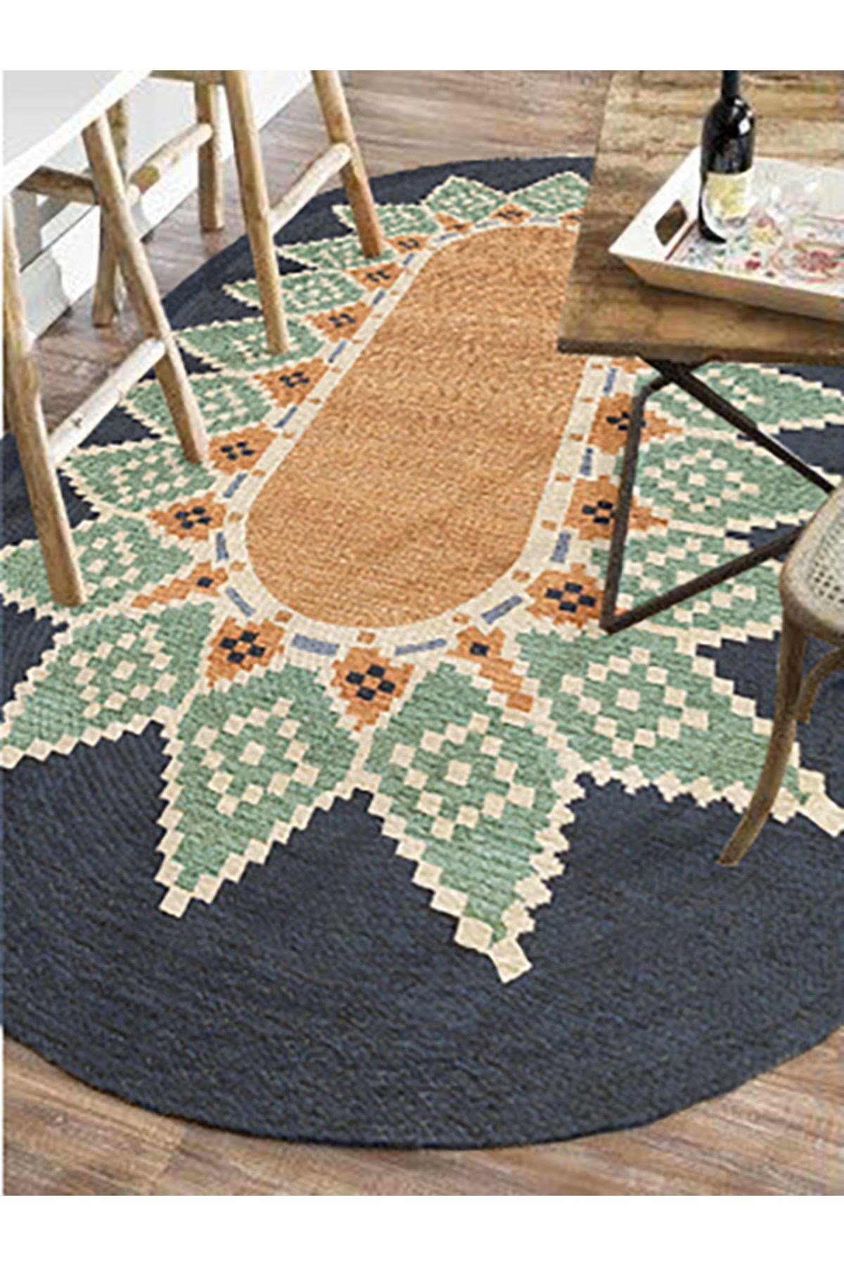 Boho 978 Jüt Hasır Etnik Desenli Oval Jüt Örme Doğal Hasır Natural Oval Halı