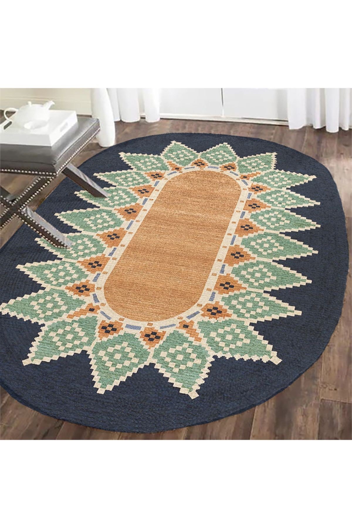 Boho 978 Jüt Hasır Etnik Desenli Oval Jüt Örme Doğal Hasır Natural Oval Halı