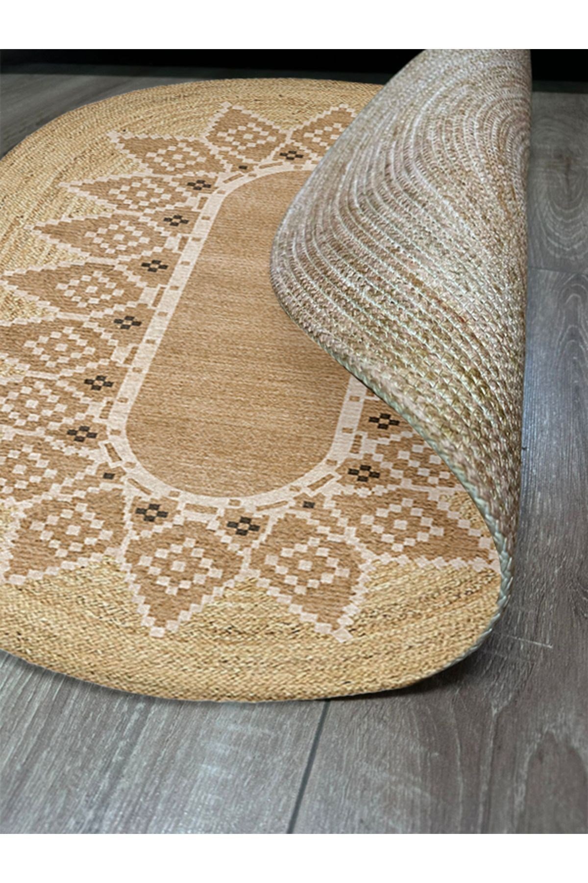 Boho 980 Jüt Hasır Etnik Desenli Oval Jüt Örme Doğal Hasır Natural Oval Halı