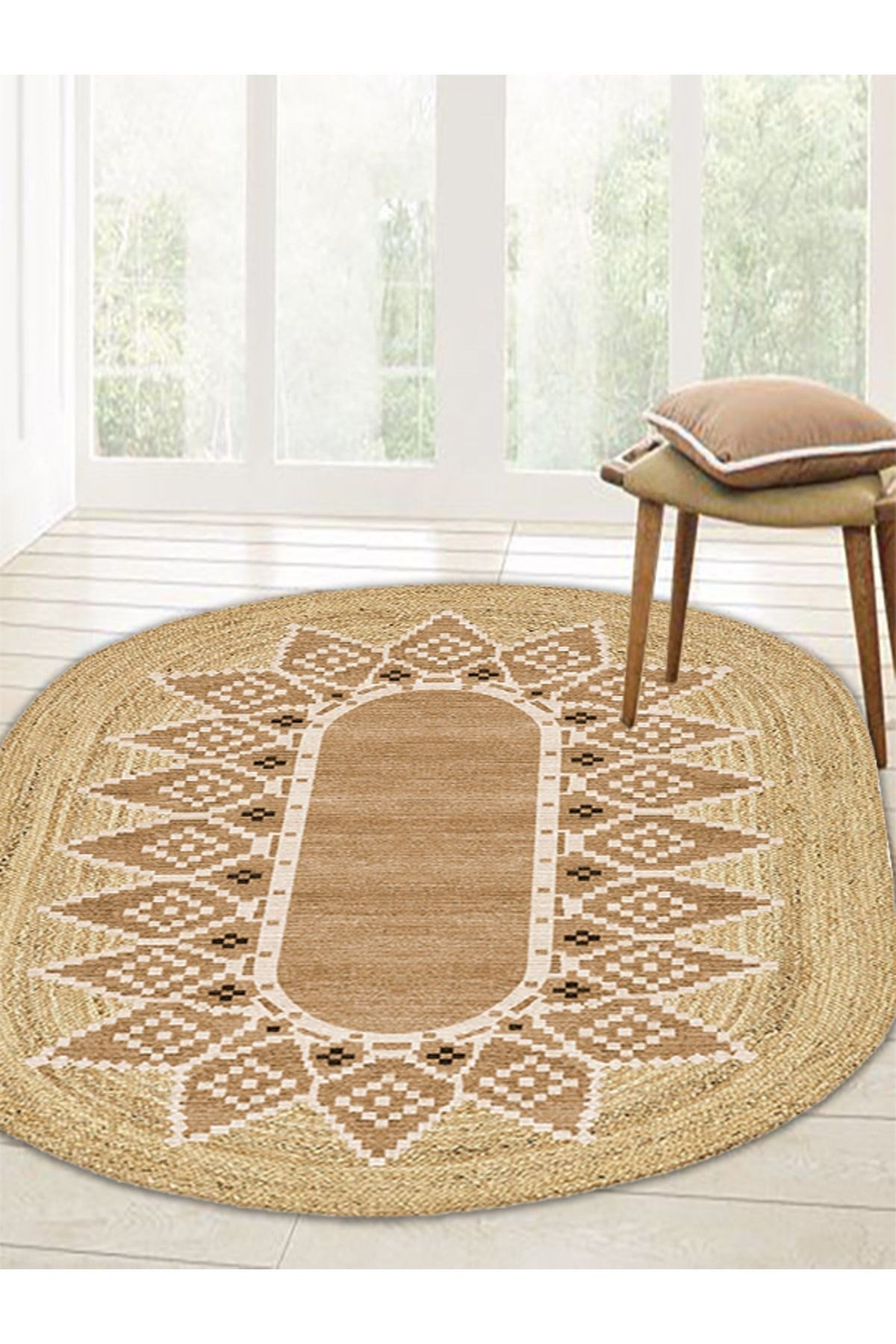 Boho 980 Jüt Hasır Etnik Desenli Oval Jüt Örme Doğal Hasır Natural Oval Halı