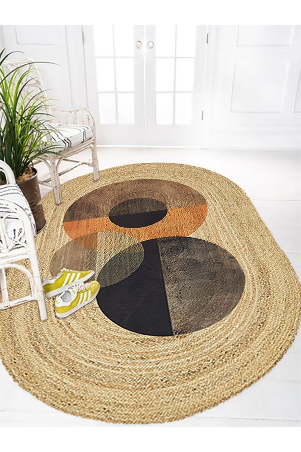 Boho 986 Oval Siyah Etnik Desenli Jüt Rengi Örgü Yuvarlak Natural Çift Taraflı Halı