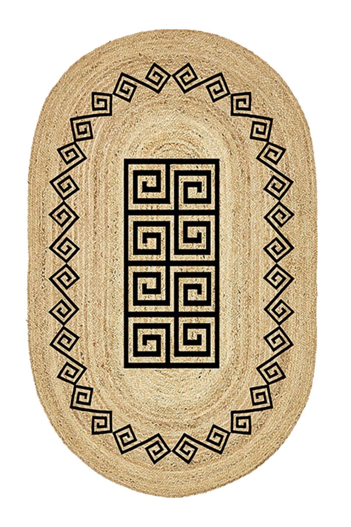 Boho 987 Jüt Hasır Etnik Desenli Oval Jüt Örme Doğal Hasır Natural Oval Halı