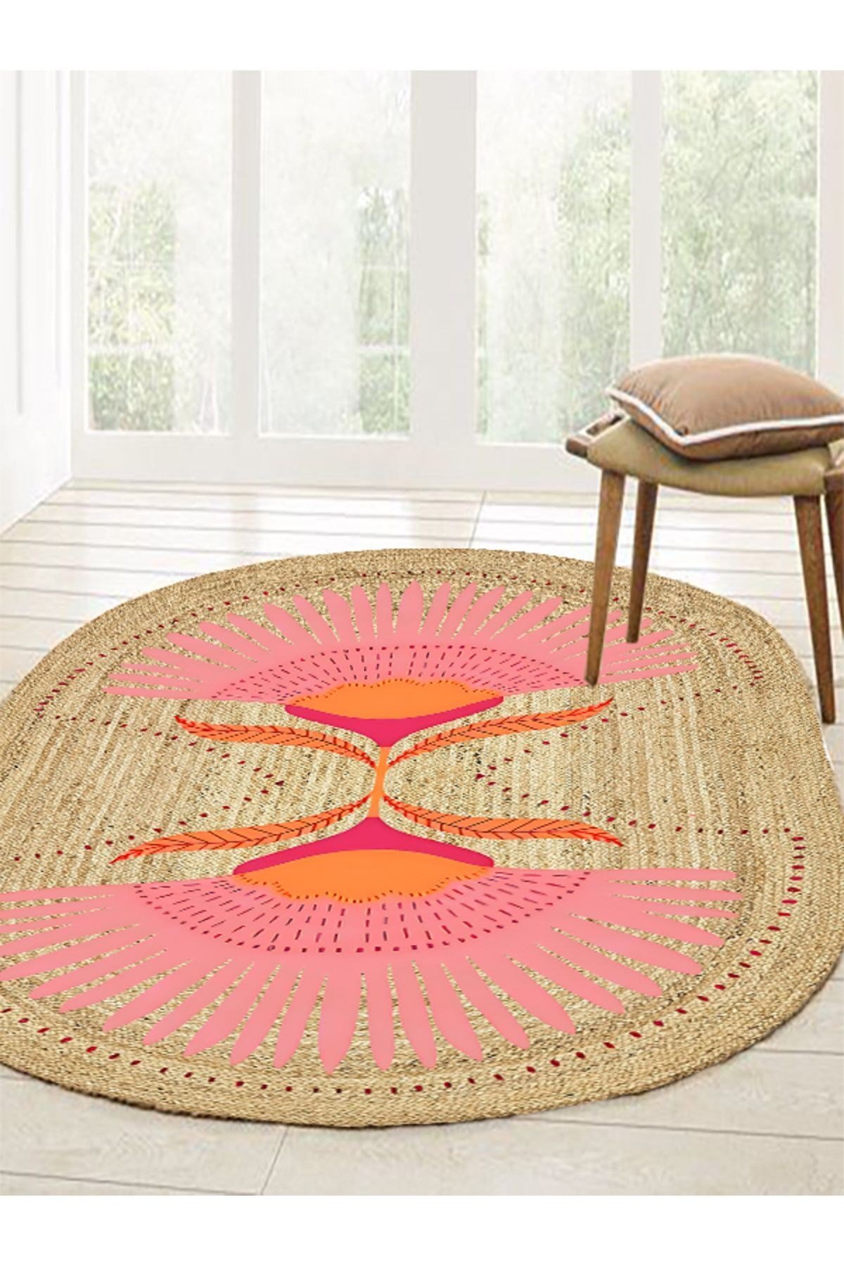 Boho 989 Jüt Hasır Etnik Desenli Oval Jüt Örme Doğal Hasır Natural Oval Halı