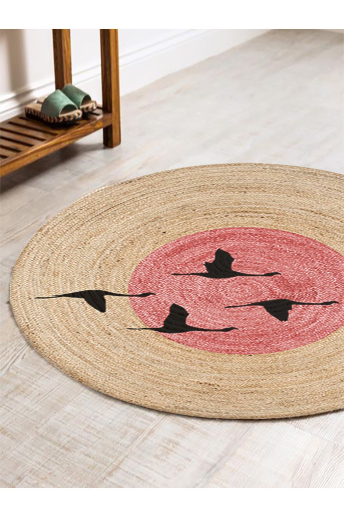 Boho 990 Gün batımı Leylek Botanik Desenli Örgü Yuvarlak Natural Çift Taraflı Halı