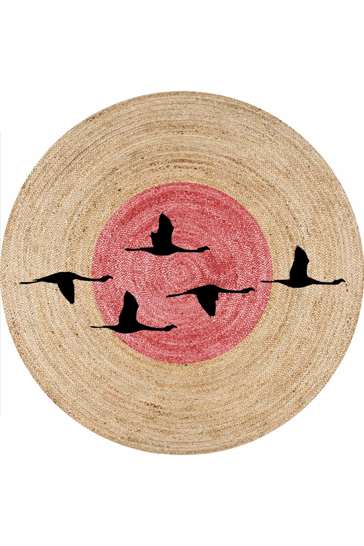 Boho 990 Gün batımı Leylek Botanik Desenli Örgü Yuvarlak Natural Çift Taraflı Halı