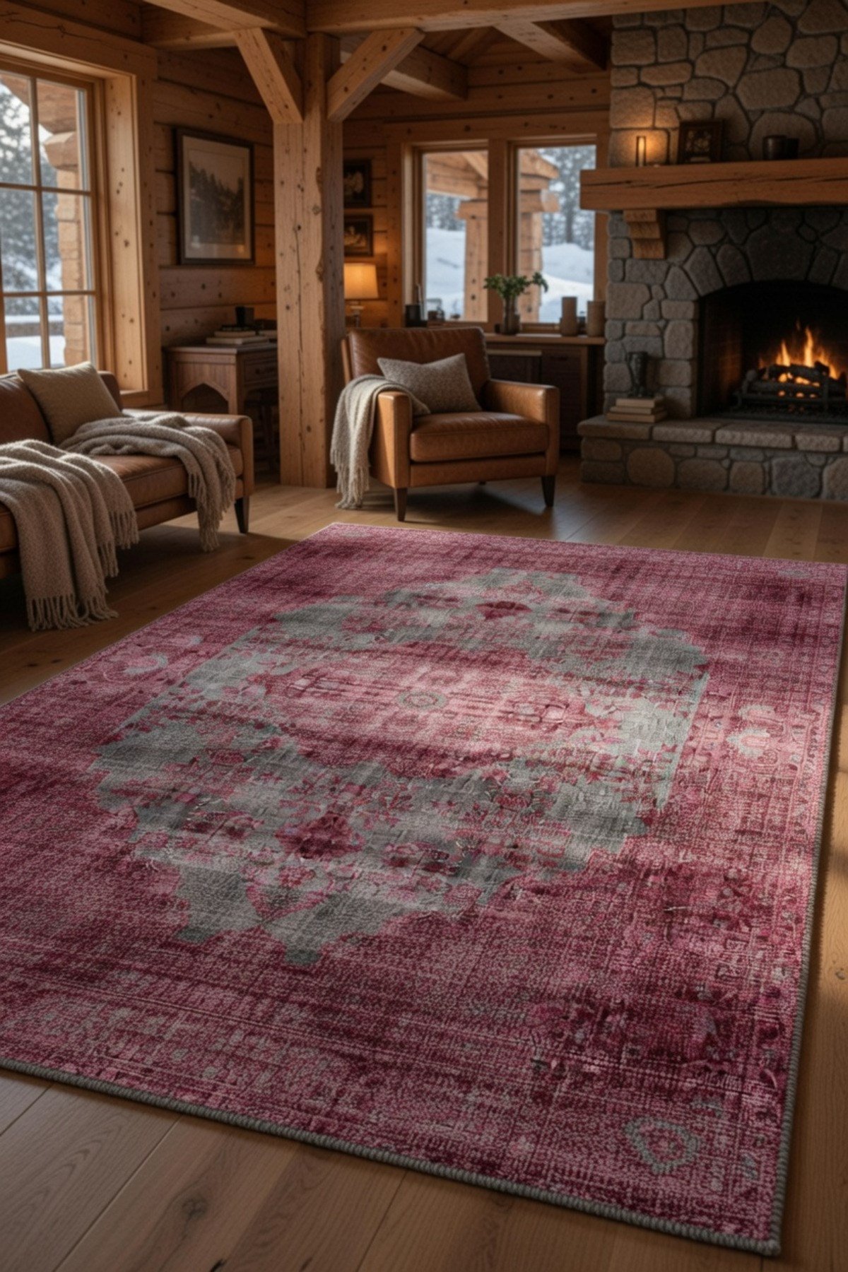 Bordo Gri Eskitme Görünümlü Klasik Desenli Vintage Şık Salon ve Oturma Odası Halısı 2132