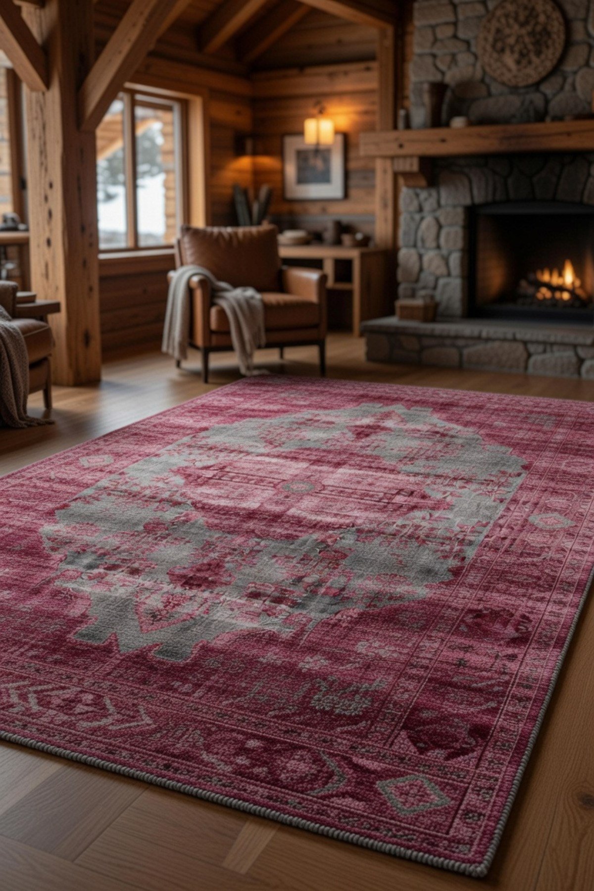Bordo Gri Eskitme Görünümlü Klasik Desenli Vintage Şık Salon ve Oturma Odası Halısı 2132