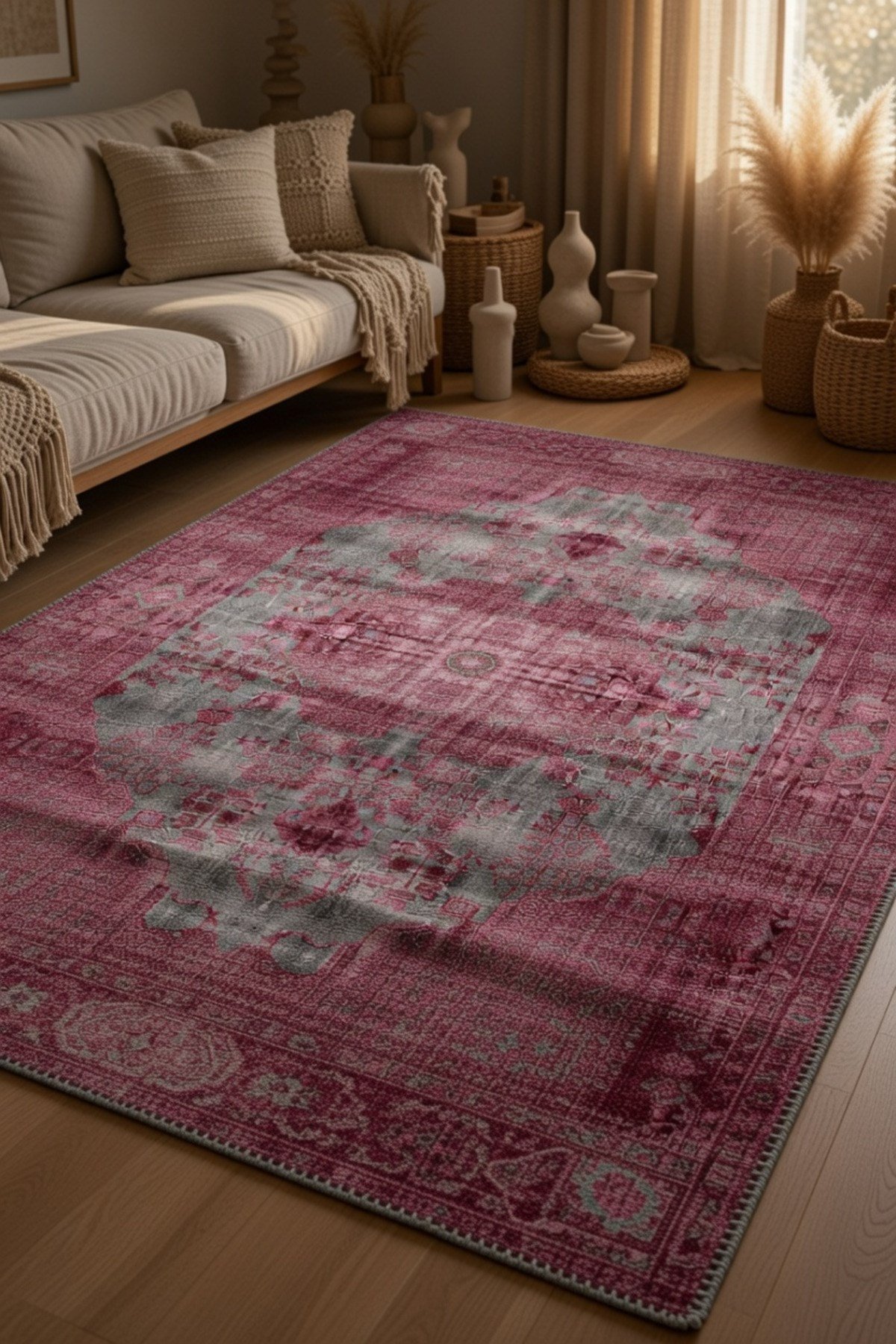 Bordo Gri Eskitme Görünümlü Klasik Desenli Vintage Şık Salon ve Oturma Odası Halısı 2132