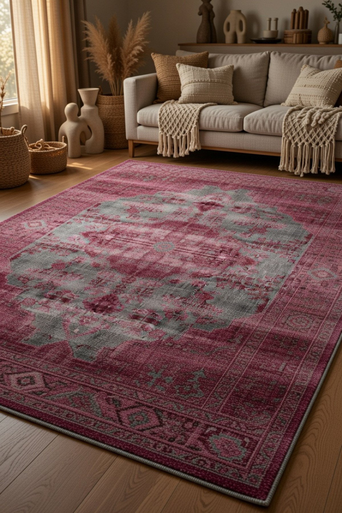 Bordo Gri Eskitme Görünümlü Klasik Desenli Vintage Şık Salon ve Oturma Odası Halısı 2132