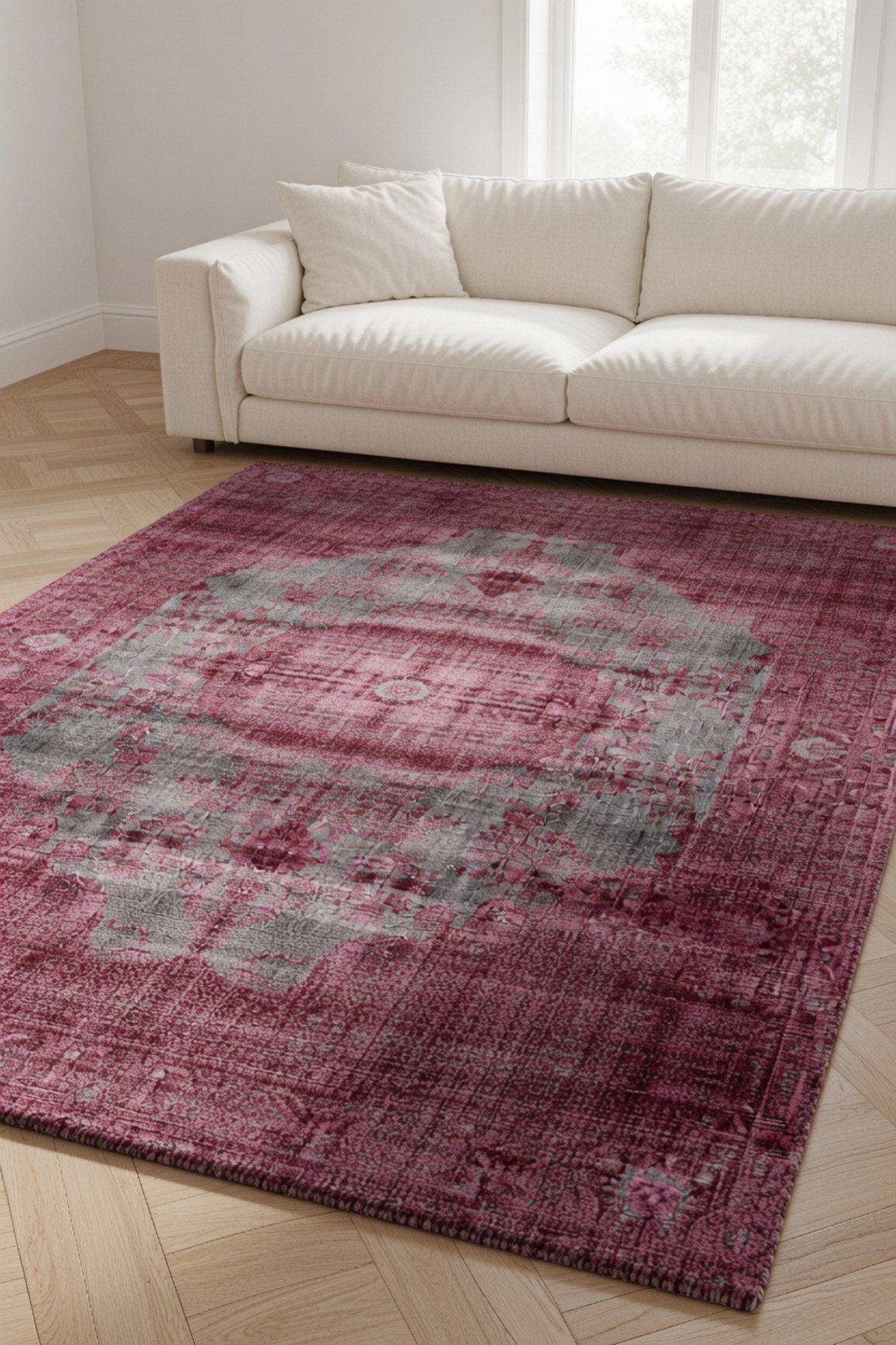 Bordo Gri Eskitme Görünümlü Klasik Desenli Vintage Şık Salon ve Oturma Odası Halısı 2132