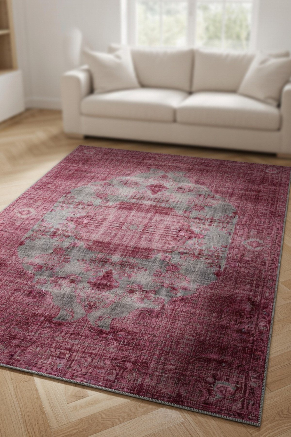 Bordo Gri Eskitme Görünümlü Klasik Desenli Vintage Şık Salon ve Oturma Odası Halısı 2132
