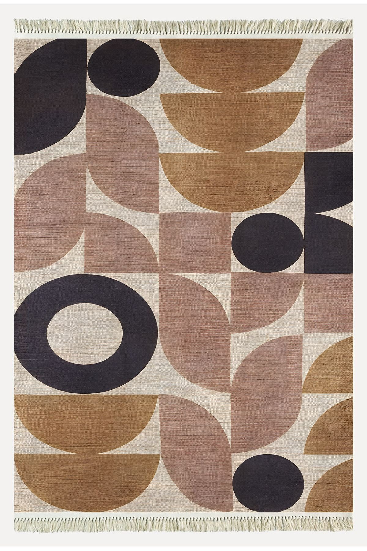 Cotton 68 Pudra Camel Ve Siyah Pastel Geometrik Desenli Dokuma Kilim