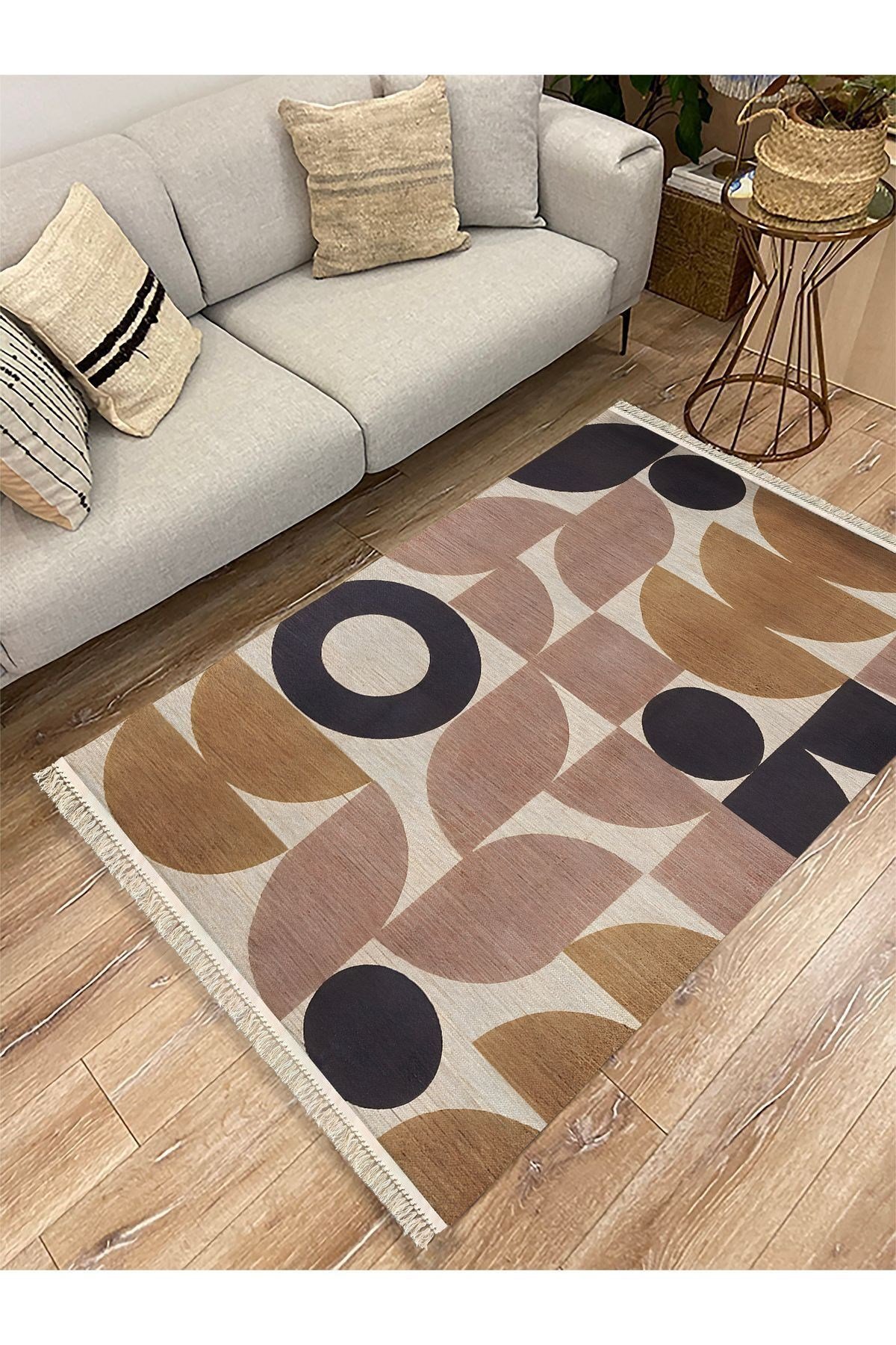 Cotton 68 Pudra Camel Ve Siyah Pastel Geometrik Desenli Dokuma Kilim