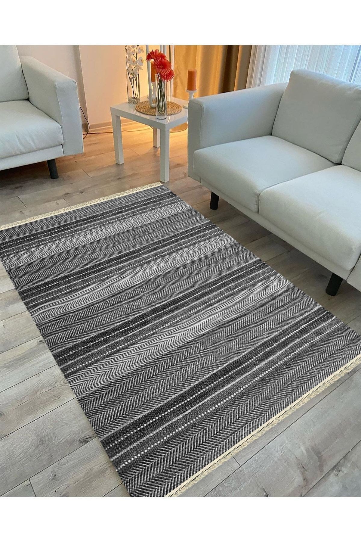 Cotton Kilim 3044 Siyah Gri Tonlarında Örgü Eskitme Desenli Dekoratif Dokuma Taban Kilim