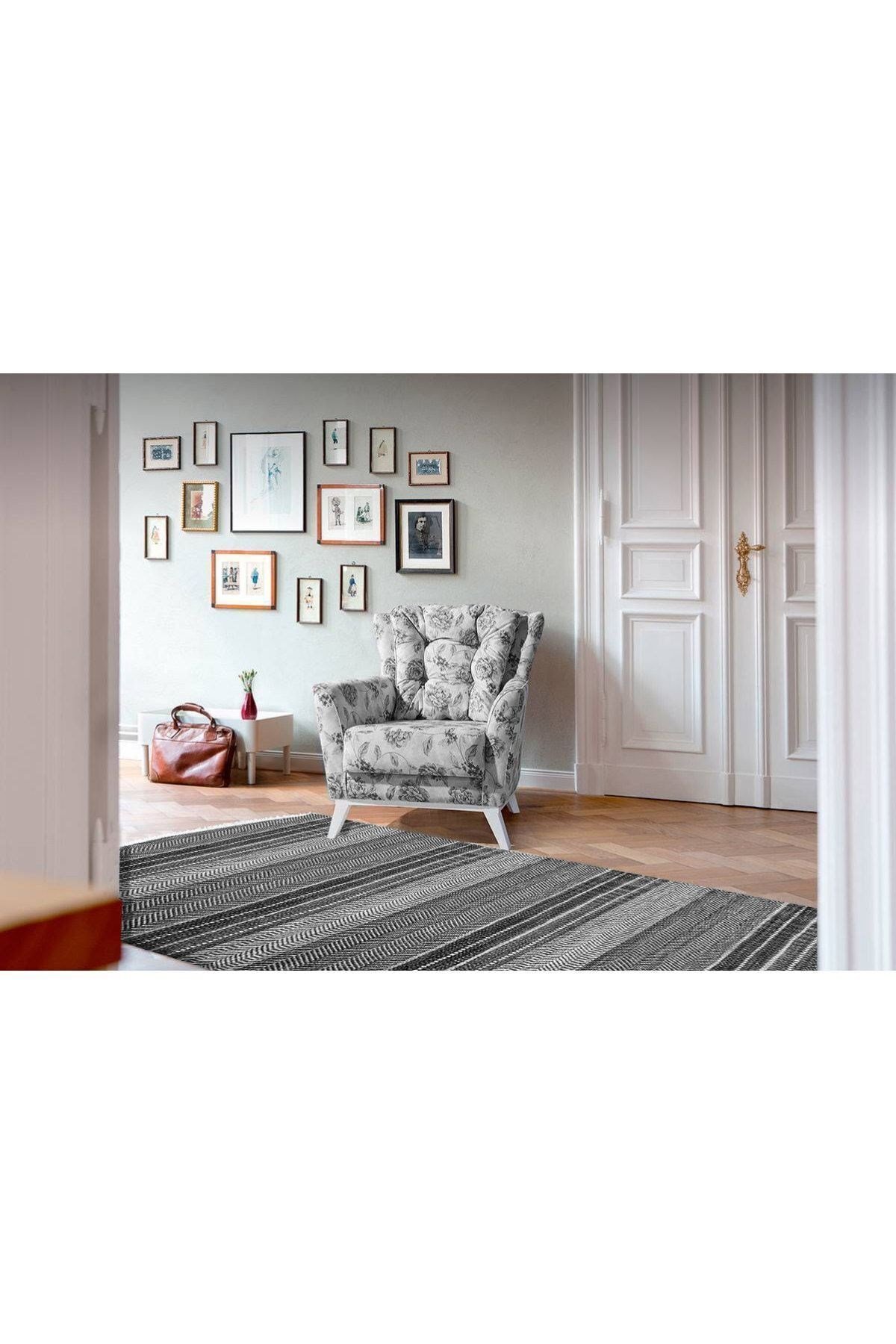 Cotton Kilim 3044 Siyah Gri Tonlarında Örgü Eskitme Desenli Dekoratif Dokuma Taban Kilim