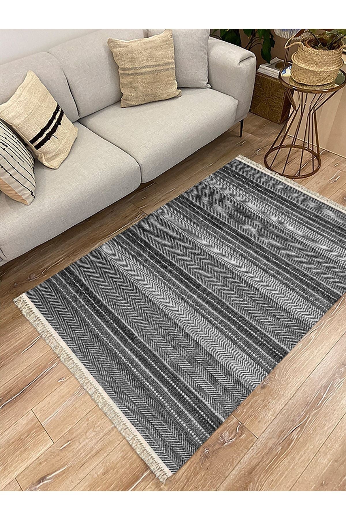 Cotton Kilim 3044 Siyah Gri Tonlarında Örgü Eskitme Desenli Dekoratif Dokuma Taban Kilim