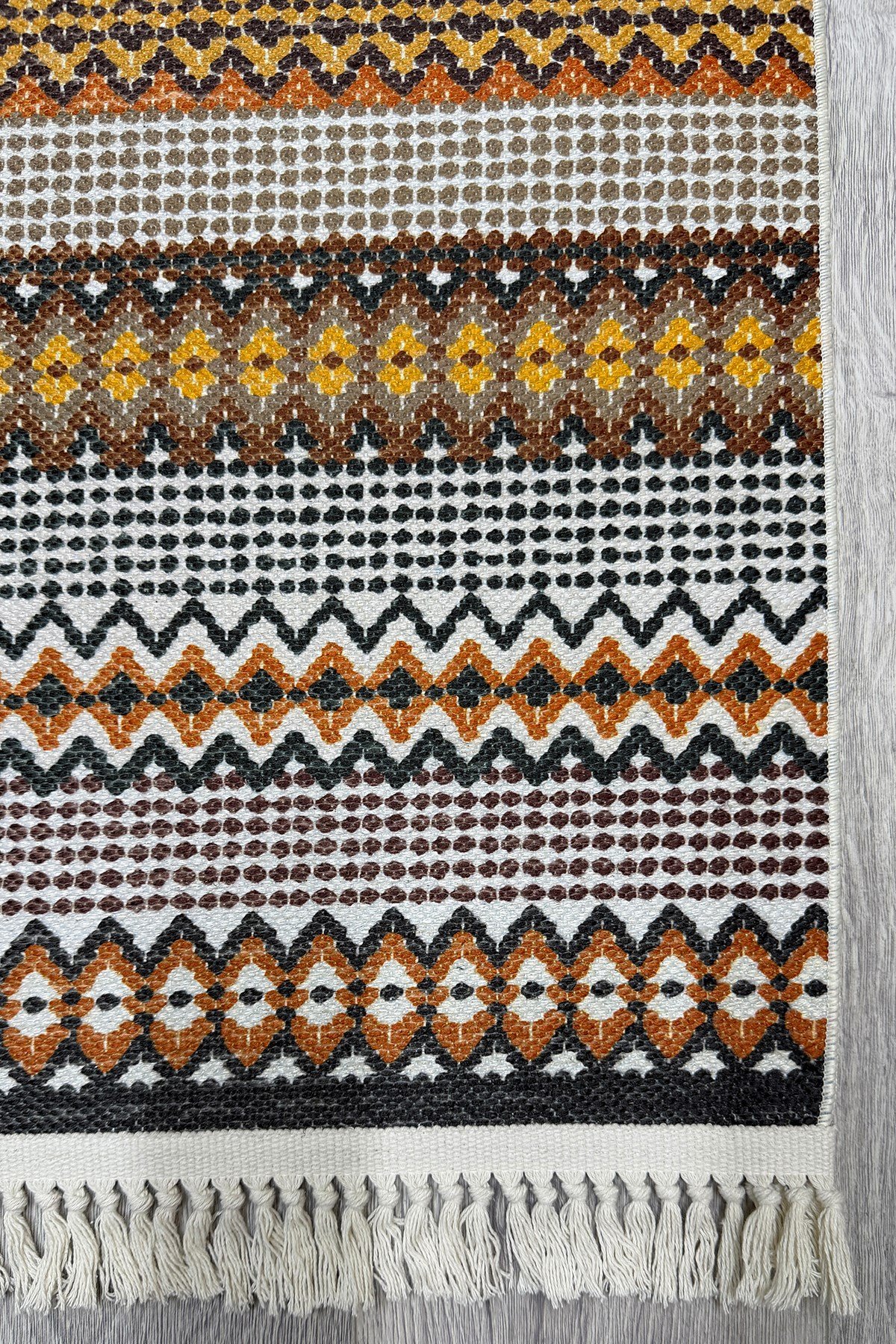 Cotton Kilim 3622 Etnik Geleneksel Motifler Modern Dekoratif Saçaklı Yıkanabilen Dokuma Kilim
