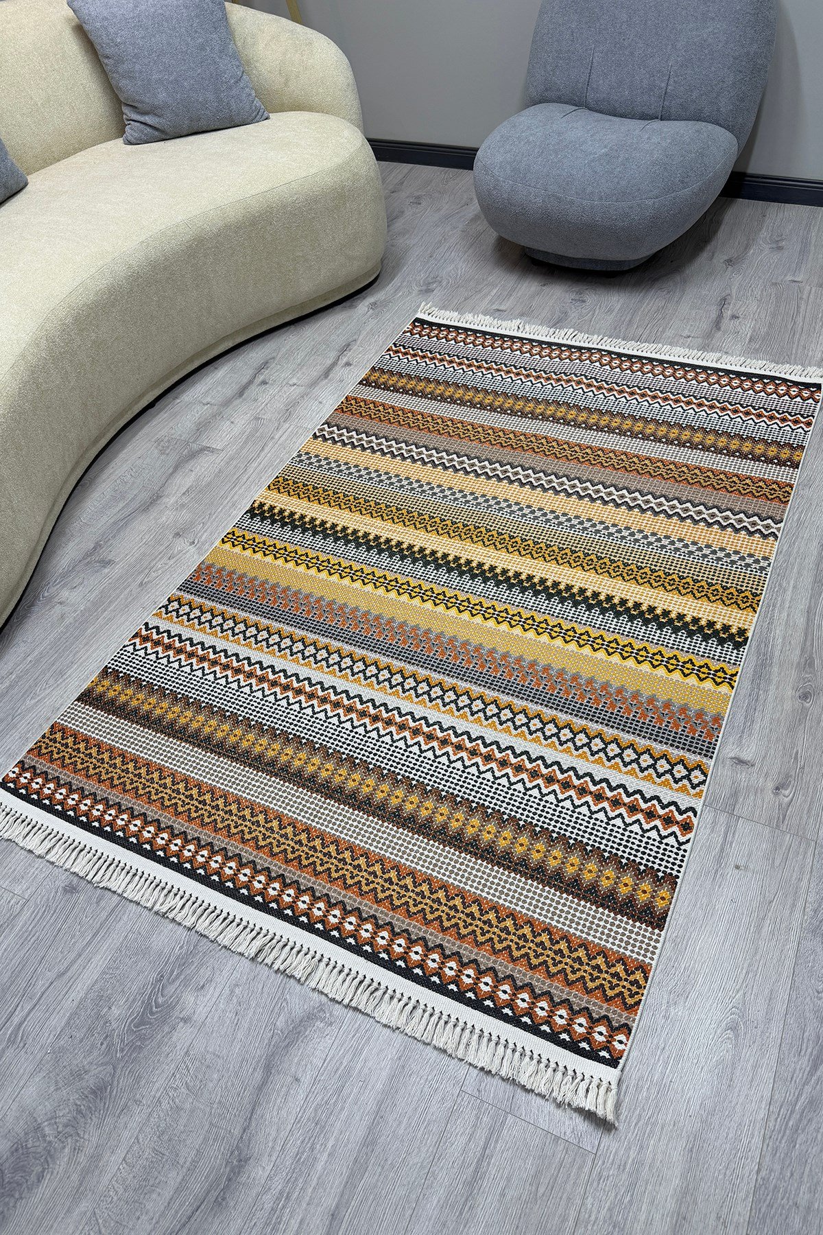 Cotton Kilim 3622 Etnik Geleneksel Motifler Modern Dekoratif Saçaklı Yıkanabilen Dokuma Kilim