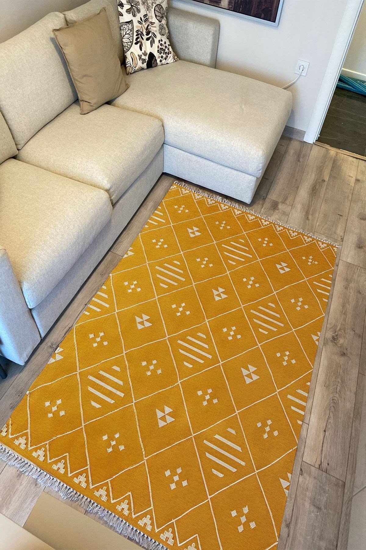 Cotton Kilim 69 Multu Iskandinav Motifler Modern Dekoratif Saçaklı Yıkanabilen Dokuma Kilim