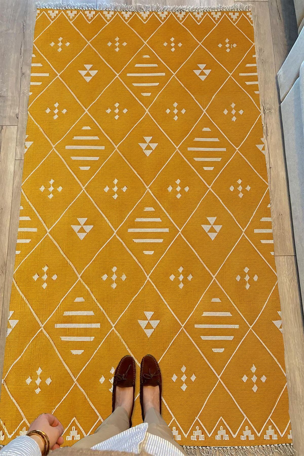Cotton Kilim 69 Multu Iskandinav Motifler Modern Dekoratif Saçaklı Yıkanabilen Dokuma Kilim