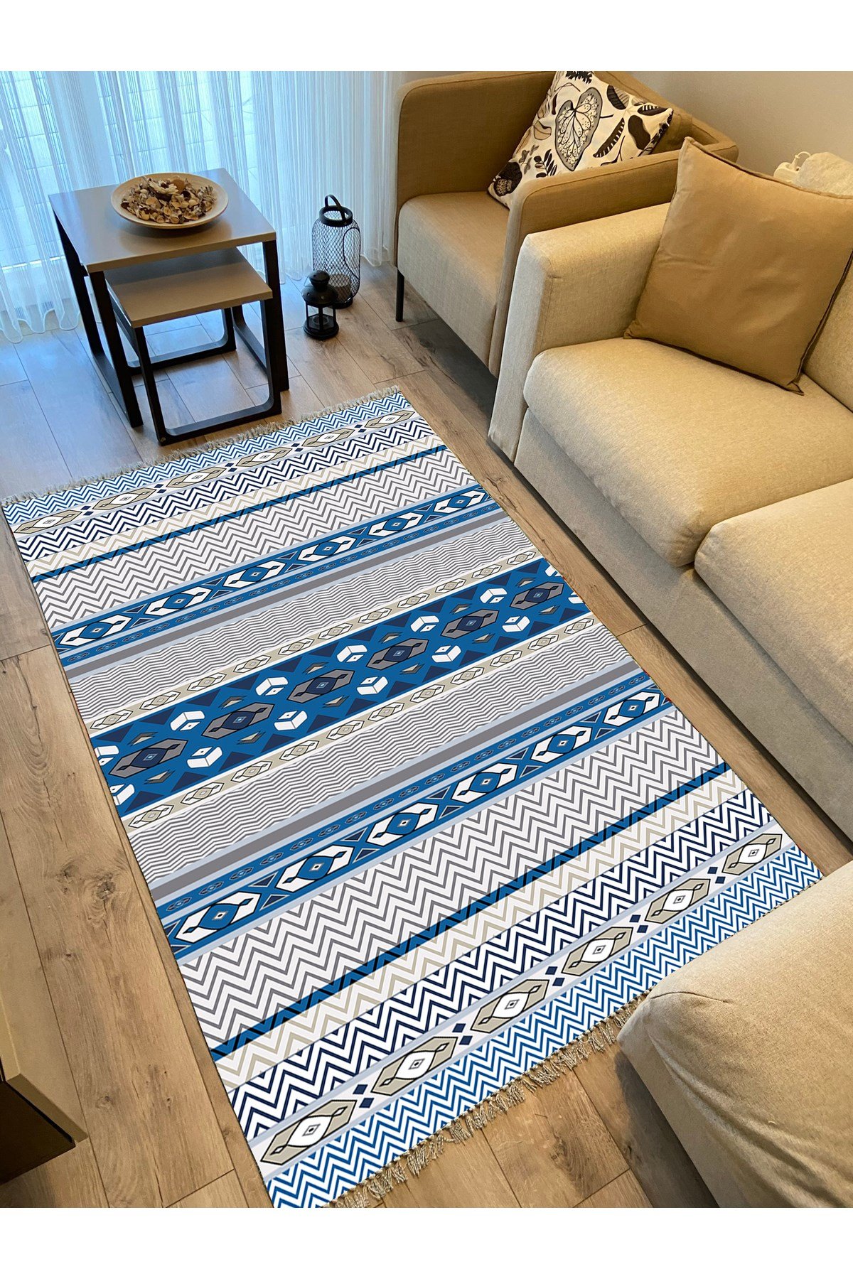 Cotton Kilim 78 Mavi ve beyaz Tonlarında Etnik Bohem Stil Pamuk Taban