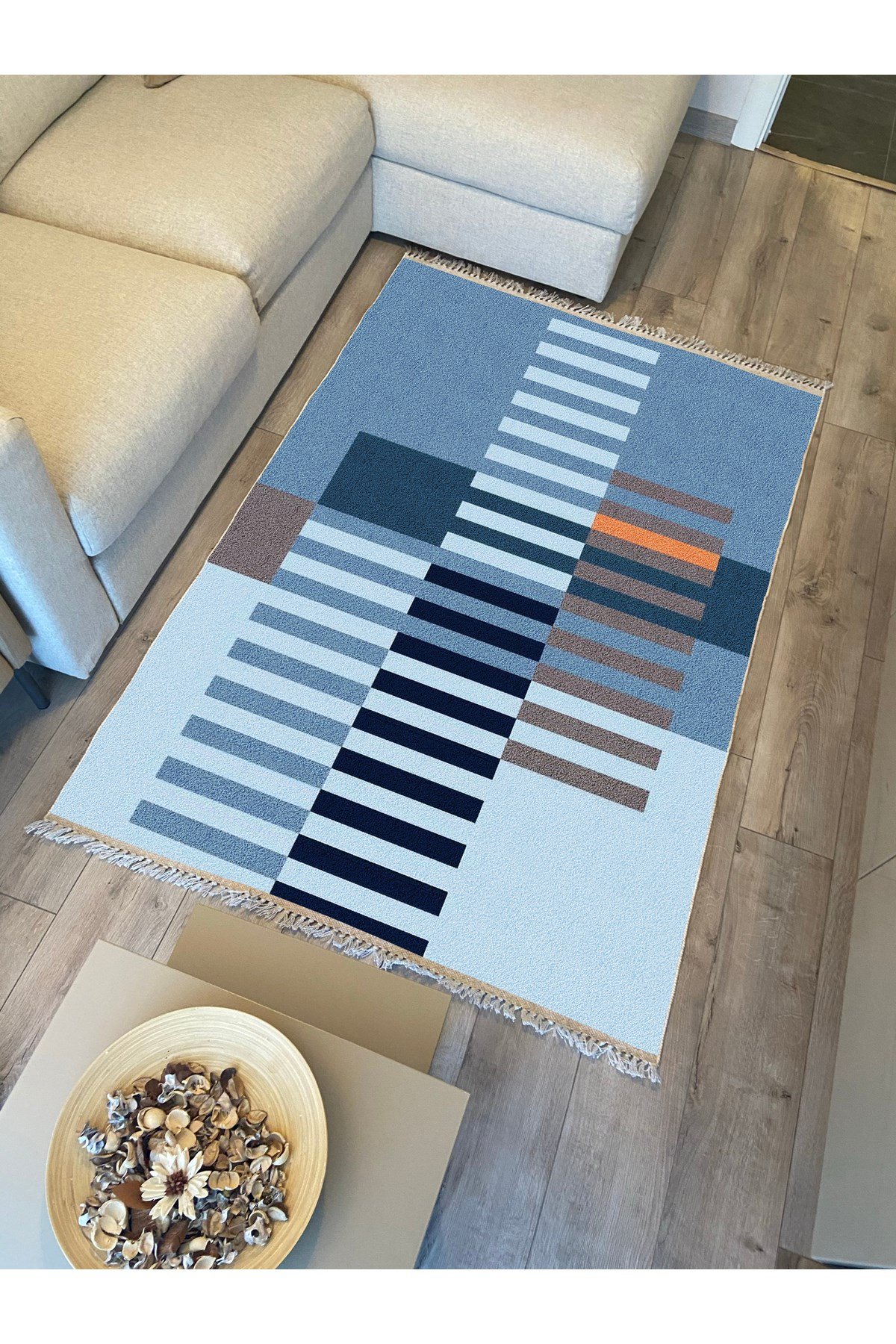 Cotton Kilim 81 Mavi Tonlarında  Etnik Boho Stil Pamuk Taban
