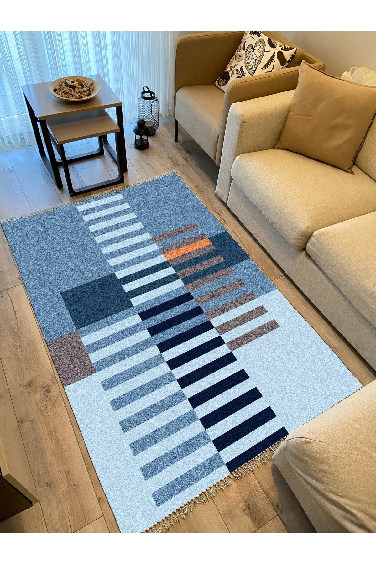 Cotton Kilim 81 Mavi Tonlarında  Etnik Boho Stil Pamuk Taban