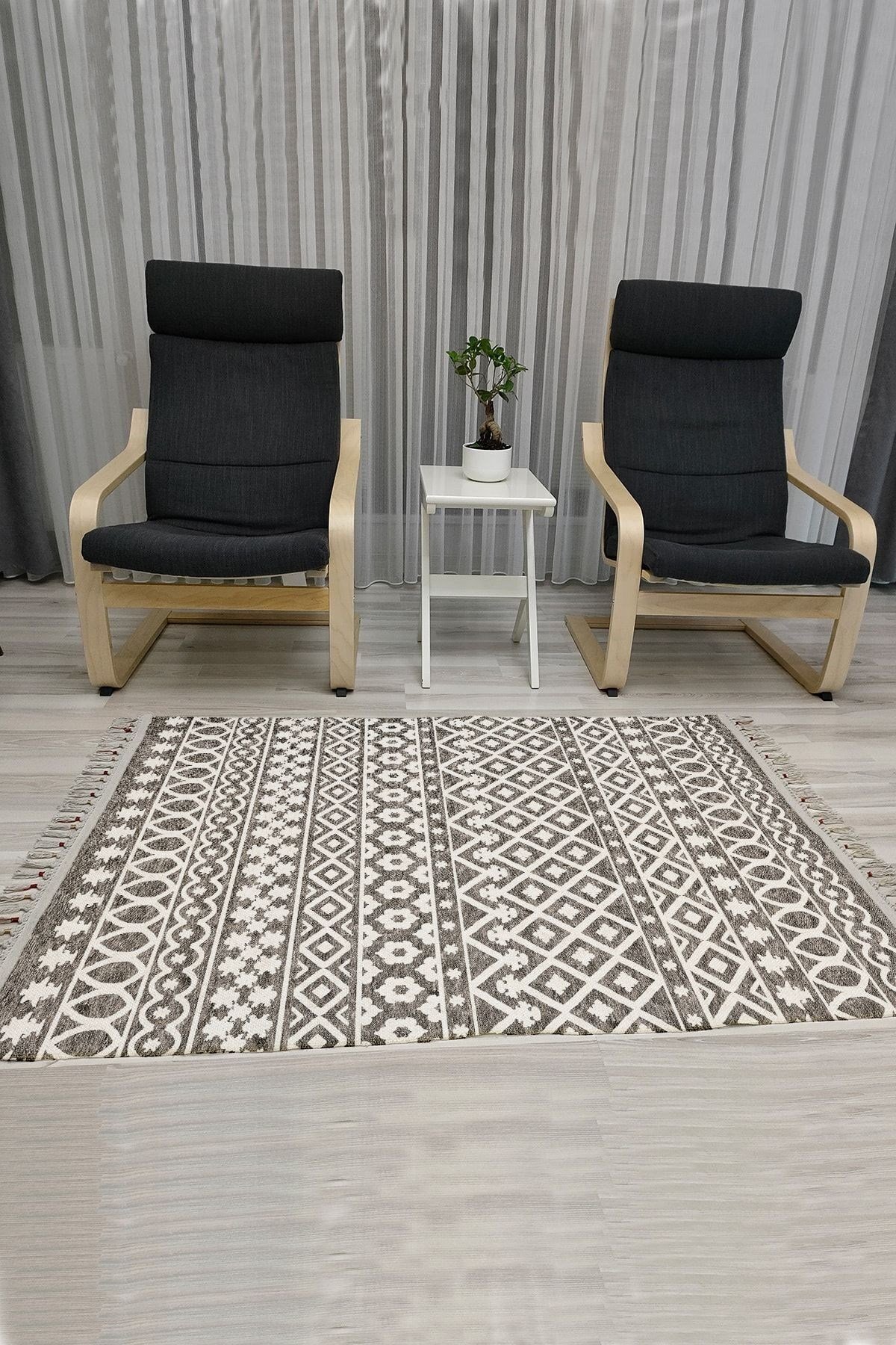 Cotton Serisi Beyaz Ve Gri Tonlarında Eskitme Otantik Etnik Desenli Dekoratif Dokuma Taban Kilim