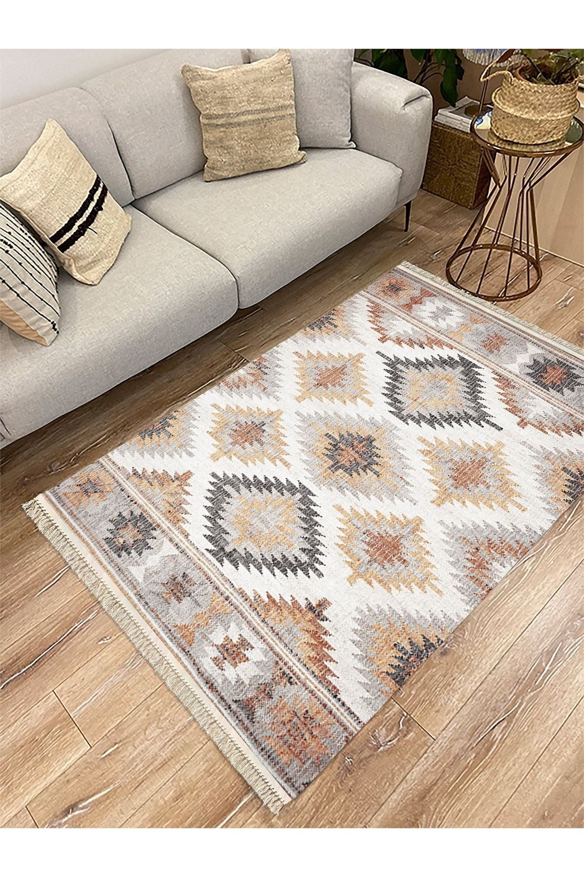 Cotton Serisi Ekitme Kahve Tonlarında Otantik Naturel Desen Dekoratif Dokuma Taban Kilim