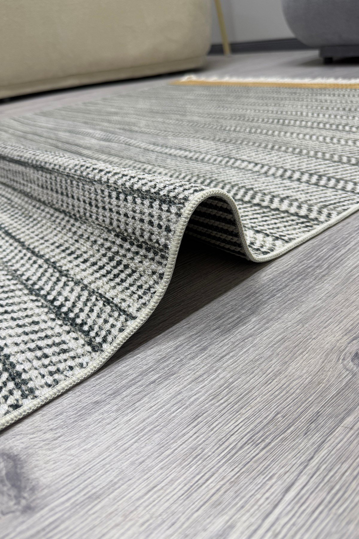 Cotton Serisi Hardal Gri Tonlarında Örgü Görümlü Otantik Dekoratif Dokuma Taban Kilim
