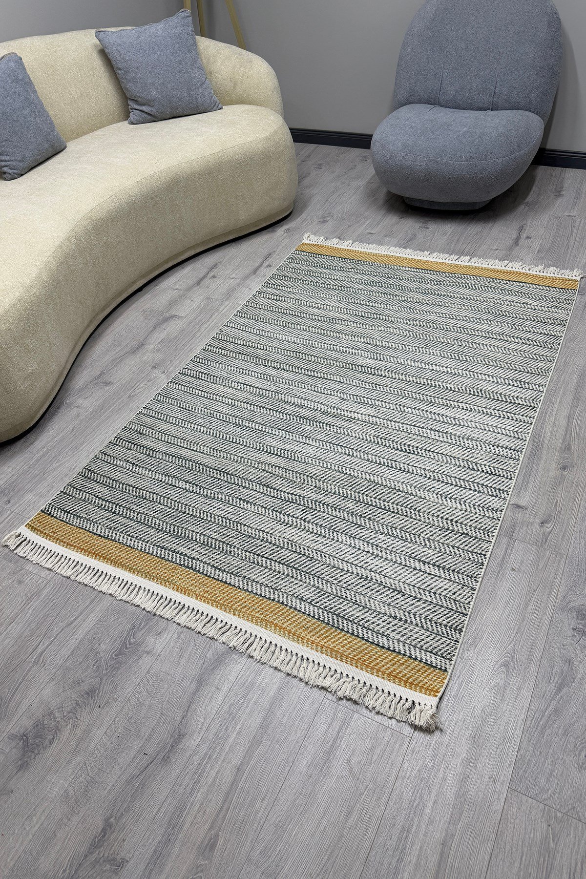 Cotton Serisi Hardal Gri Tonlarında Örgü Görümlü Otantik Dekoratif Dokuma Taban Kilim
