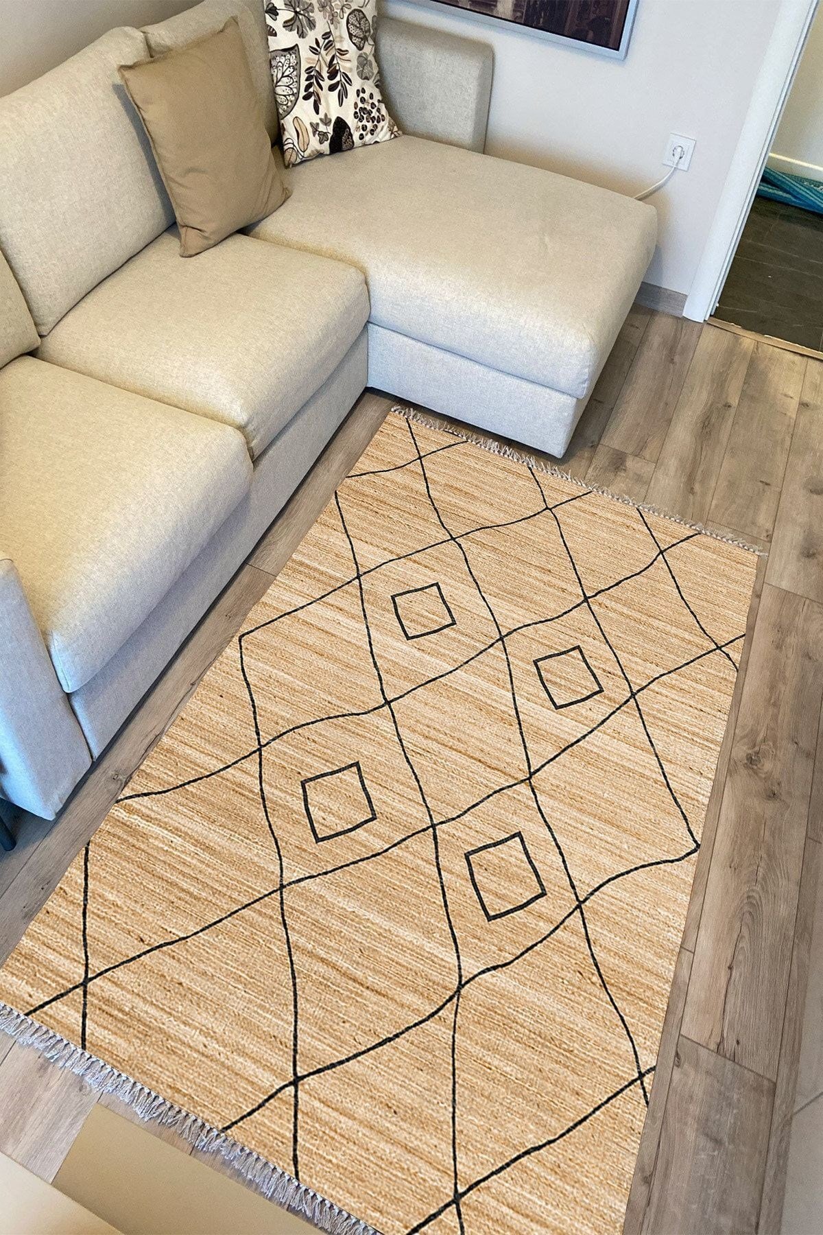 Cotton Serisi Hasır Görümülü Siyah Baklava Eskitme Otantik Desenli Dekoratif Dokuma Taban Kilim