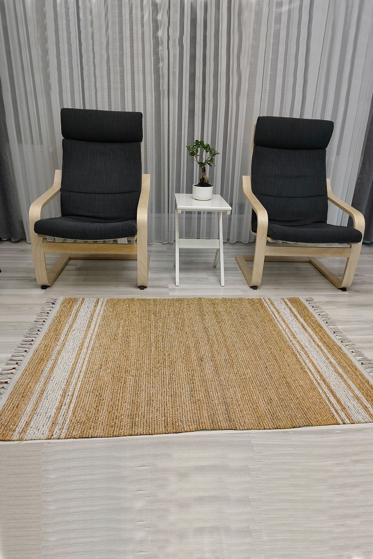 Cotton Serisi Kahve Taban Üstü Beyaz Çizgili Hasır Görünümlü Desen, Dekoratif Dokuma Taban Kilim