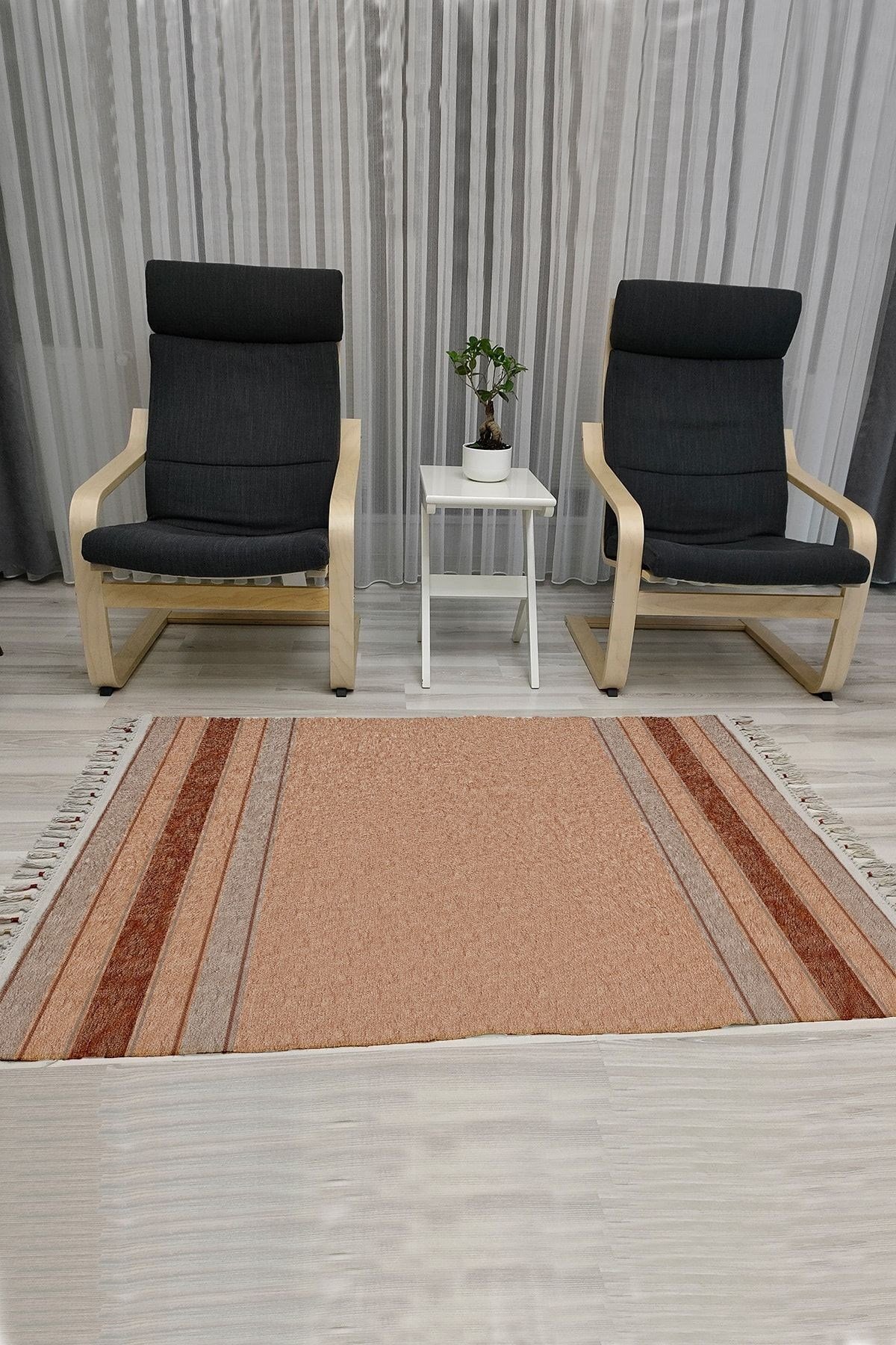 Cotton Serisi Kahve Tonlarında Eskitme Etnik Bördür Desenli Dekoratif Dokuma Taban Kilim