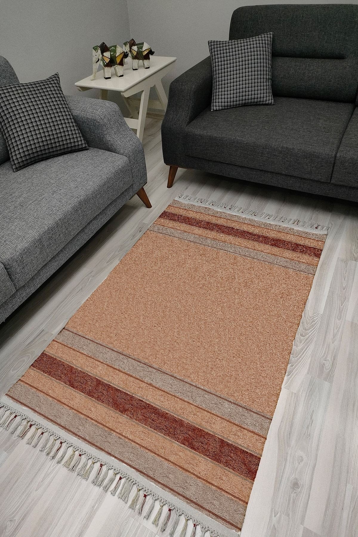 Cotton Serisi Kahve Tonlarında Eskitme Etnik Bördür Desenli Dekoratif Dokuma Taban Kilim