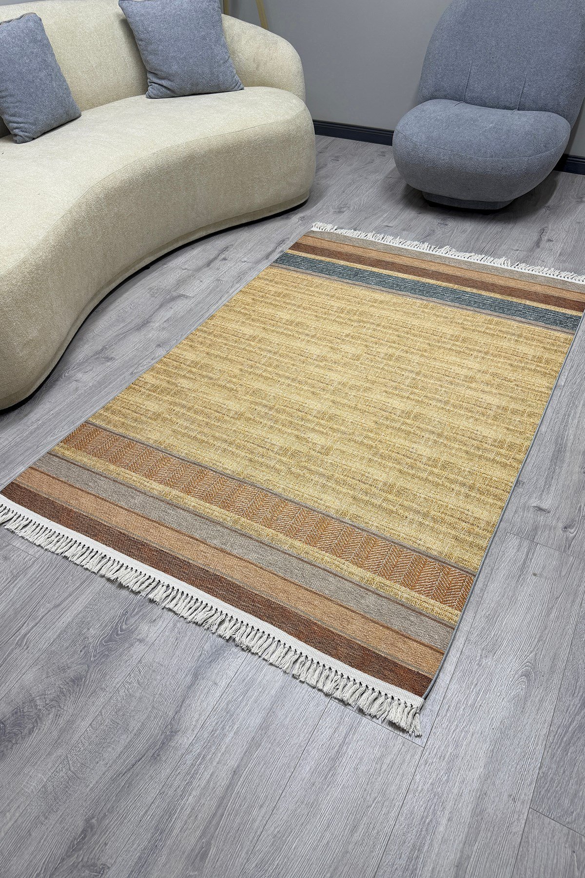 Cotton Serisi Kahve Ve Gri Tonlarında Bordürlü Eskitme Desenli Dekoratif Dokuma Taban Kilim