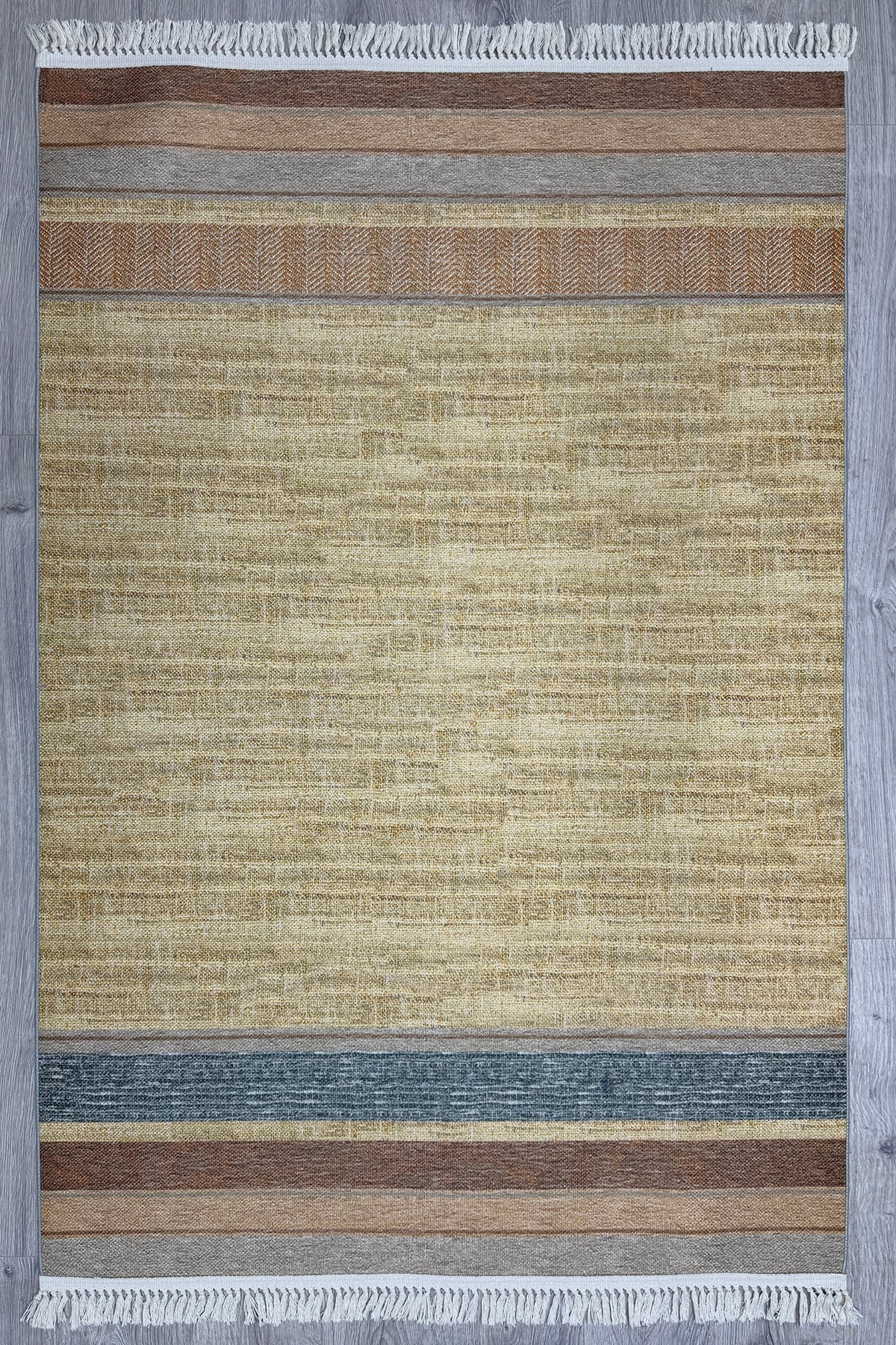 Cotton Serisi Kahve Ve Gri Tonlarında Bordürlü Eskitme Desenli Dekoratif Dokuma Taban Kilim