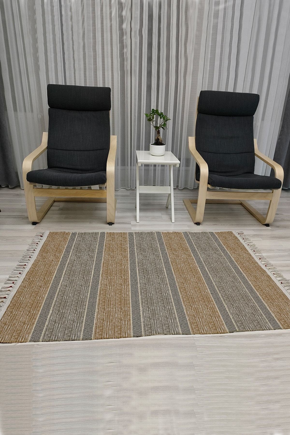 Cotton Serisi Kahve Ve Gri Tonlarında Çizgili Eskitme Desenli Dekoratif Dokuma Taban Kilim