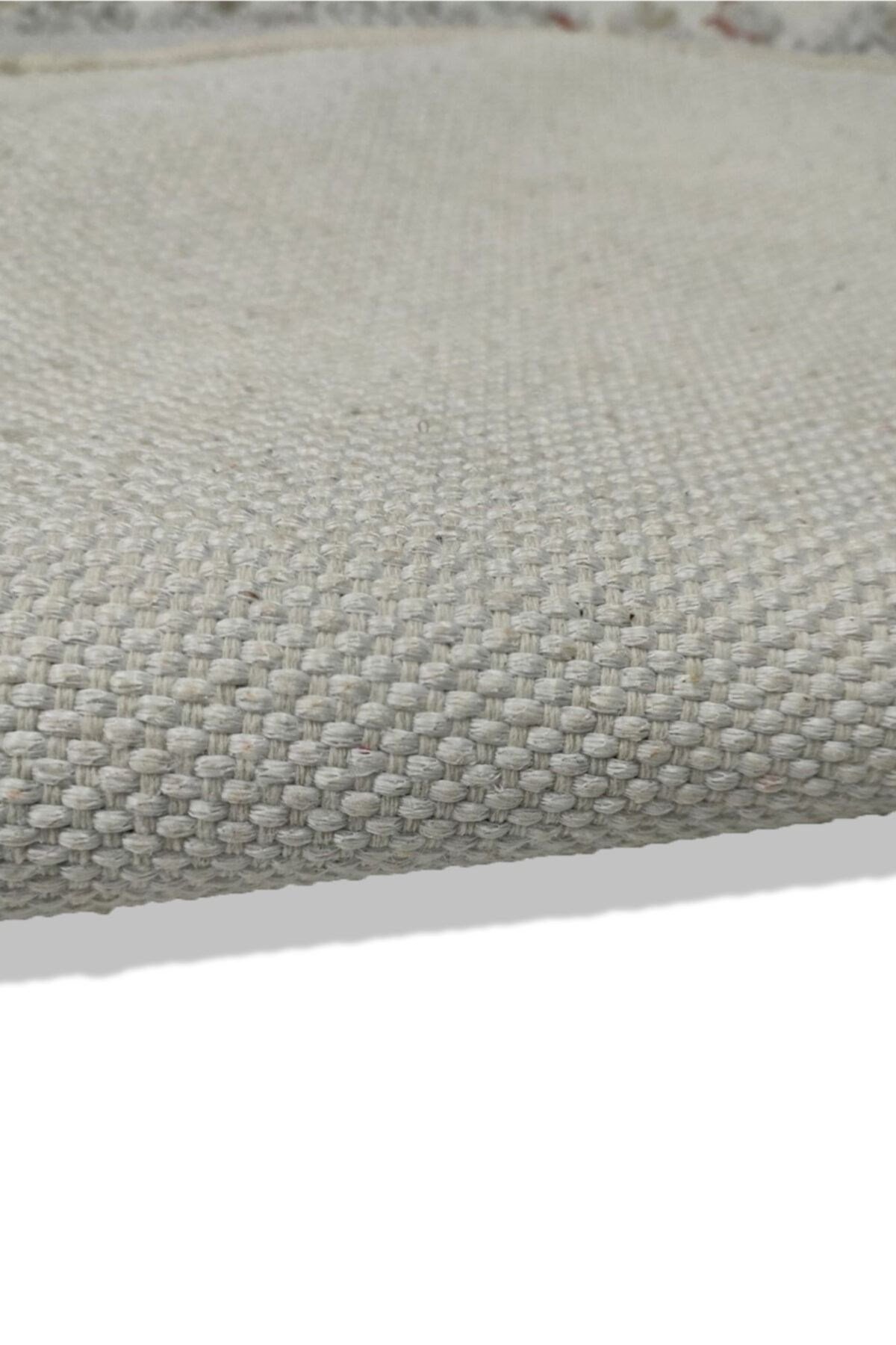 Cotton Serisi Lacivet Taban Üstünde Beyaz Geometrik Otantik Dekoratif Dokuma Taban Kilim