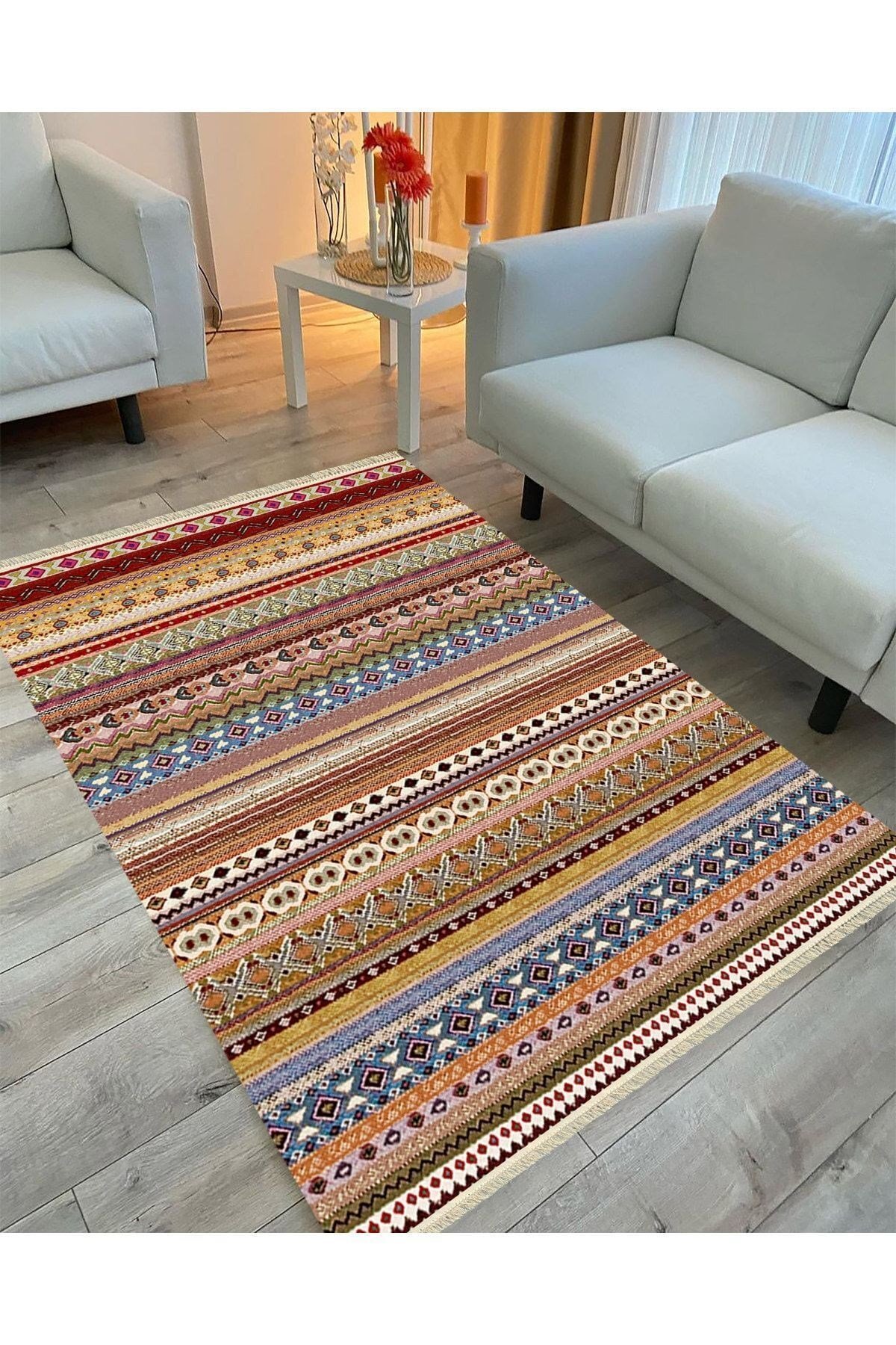 Cotton Serisi Multy Tonlarında Antika Esitme Desenli Dekoratif Dokuma Taban Kilim