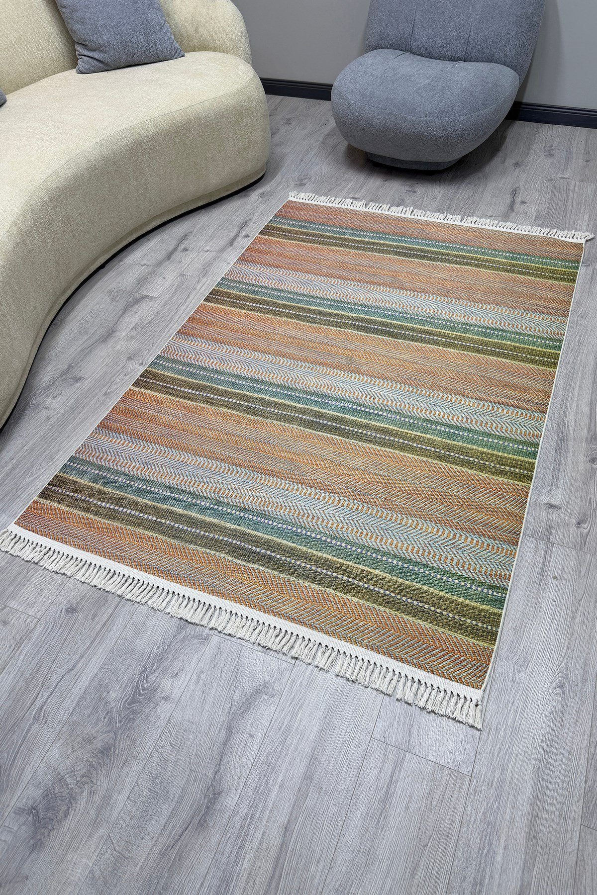 Cotton Serisi Multy Tonlarında Çizgili Eskitme Etnik Desenli Dekoratif Dokuma Taban Kilim 3043